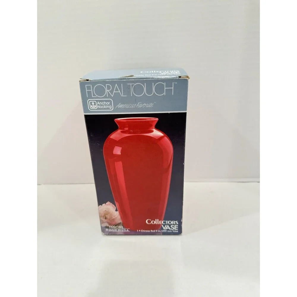 VTG Anchor Hocking Floral Touch Chinese Red Glass Vase 9